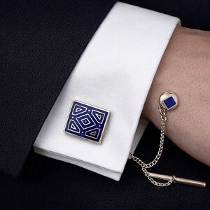 Metropolitan Museum of Art MMA Blue Enamel Cufflinks & Tie Clip Set Geometric
